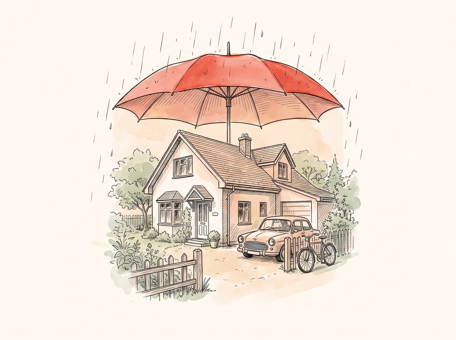 Zeichnung: Haus, Auto und Fahrrad unter einem grossen roten Schirm im Regen